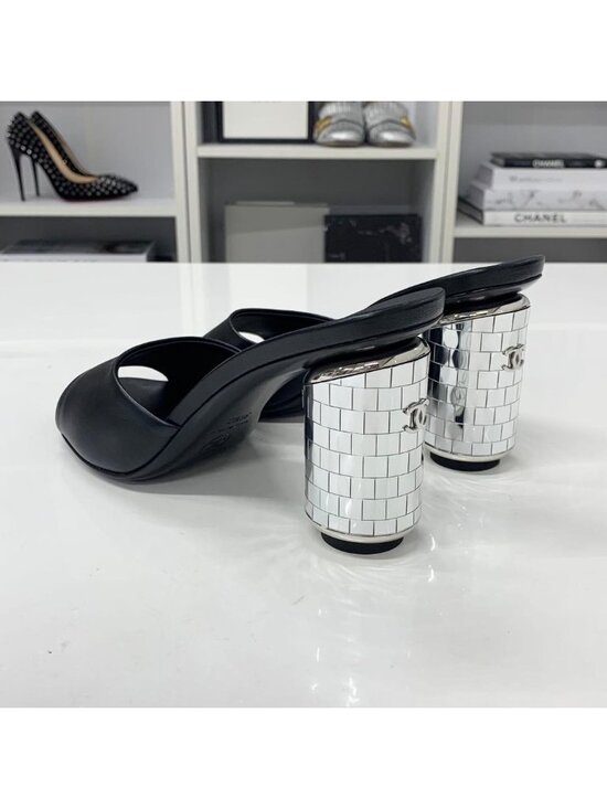 CHANEL | Shoes | Chanel Crystal Cc Logo Black Leather  Chanel CC Logo Leather Mirror Heel Sandals Black